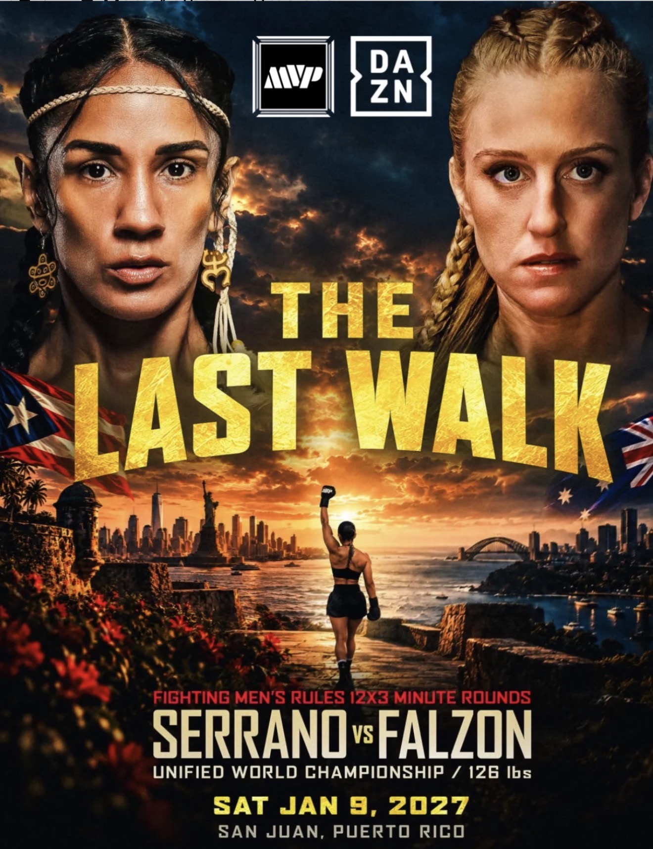 The Last Walk: Serrano vs. Falzon. Promotional poster supplied to UBF, bearing MVP and DAZN branding.