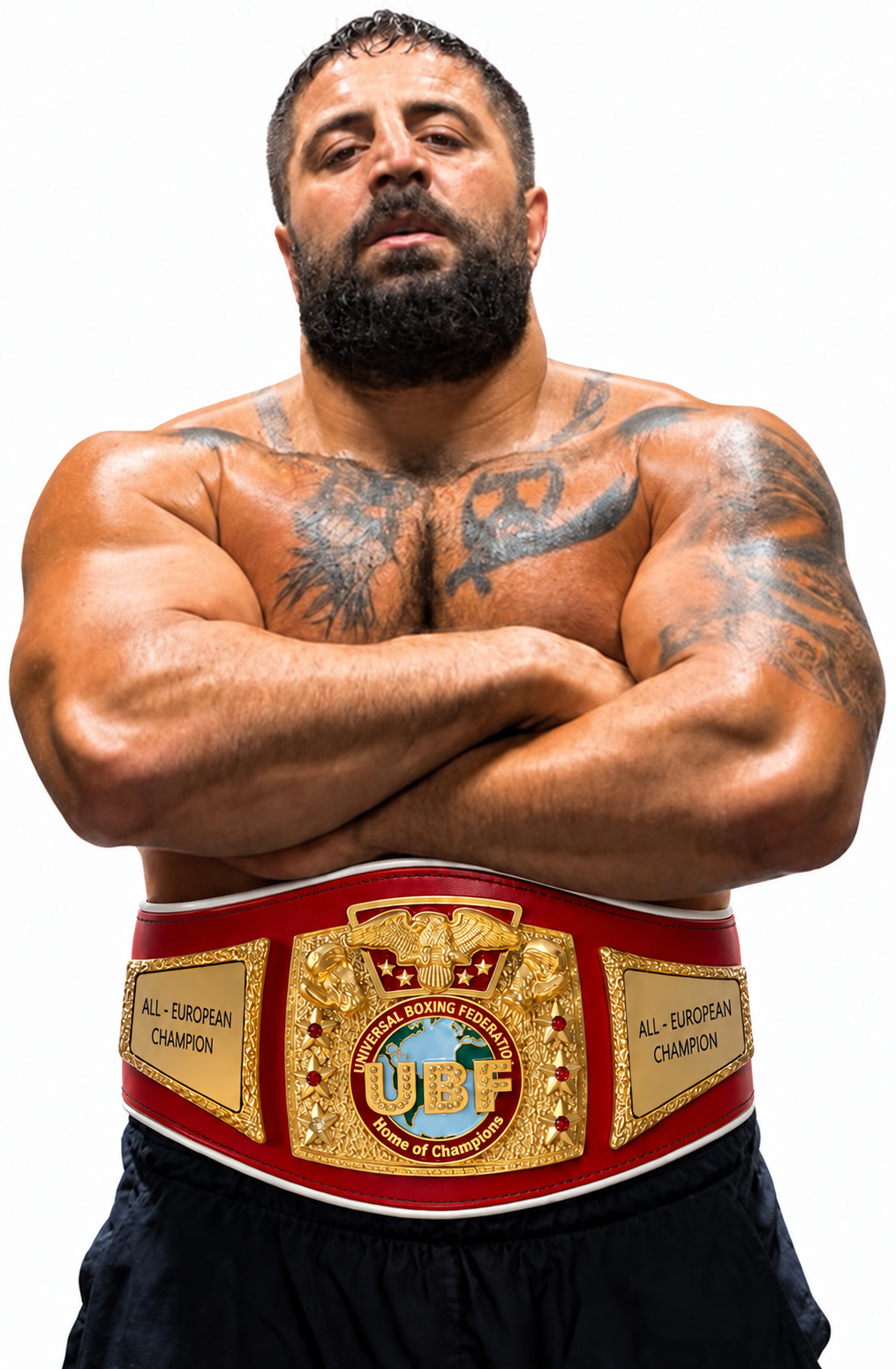 Umut Camkiran, former UBF European Heavyweight Champion. AI-assisted promotional composite with digitally added UBF belt; not an original title-presentation photograph.